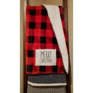 Red plaid embroidered farmhouse blanket Merry Christmas